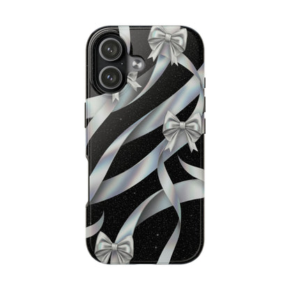 Silver Ribbon Bow Tough Phone Case — Glitter Black Protective Phone Case