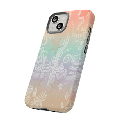 Tough Cases: Pastel Beach Pattern Phone Case — Starfish & Coastal Cityscape Protective Cover