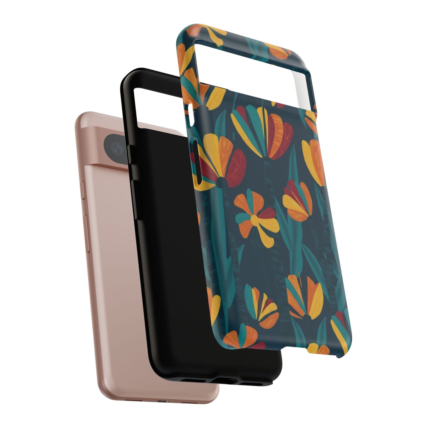 Floral Retro Teal Tough Phone Case — Vibrant Orange & Mustard Blooms