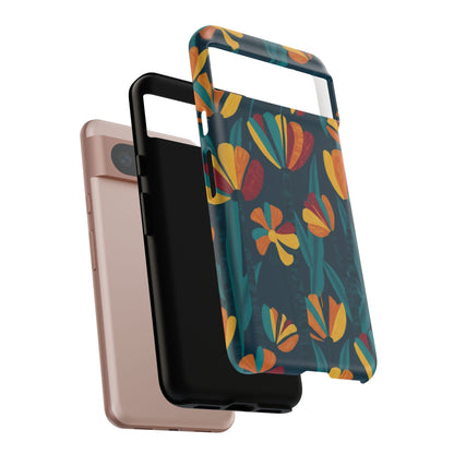 Floral Retro Teal Tough Phone Case — Vibrant Orange & Mustard Blooms