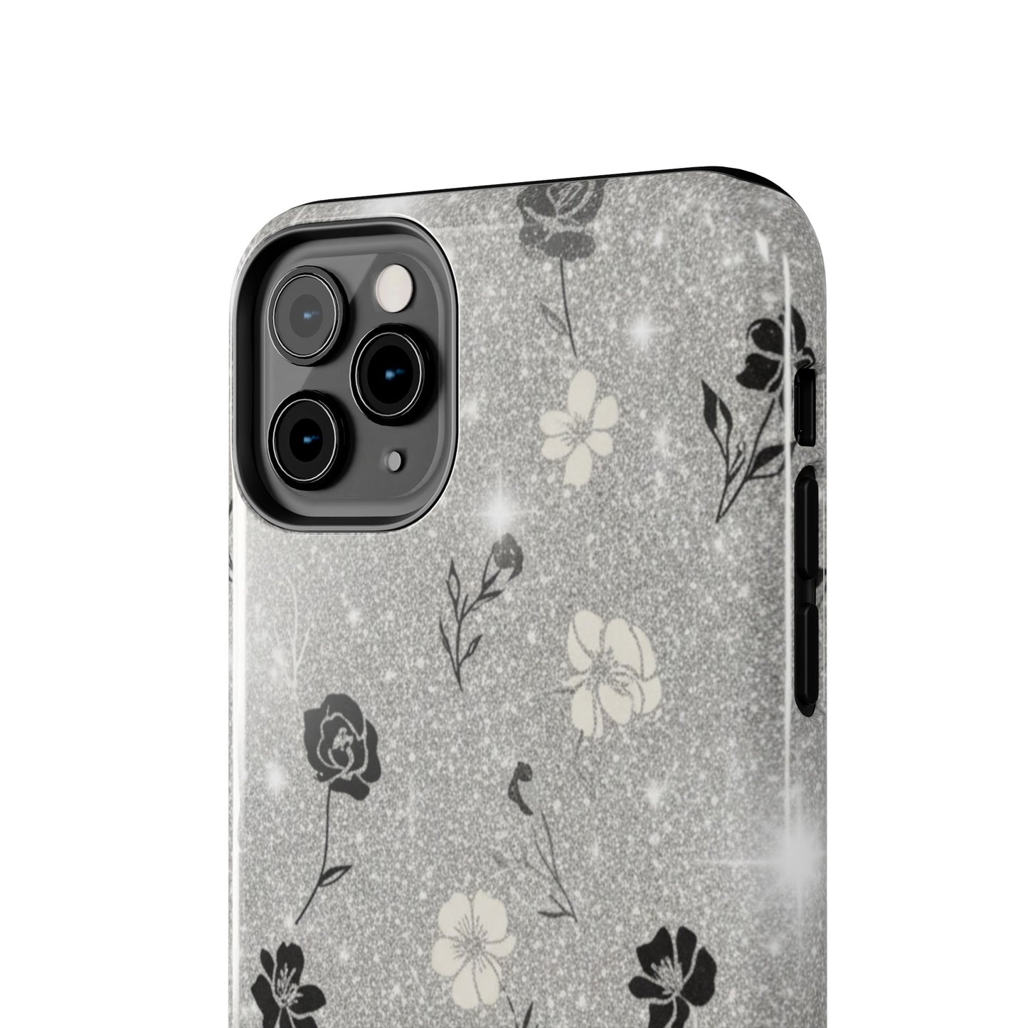 Floral Glitter Tough Phone Case — Black & Silver Vintage Flower Protective Cover