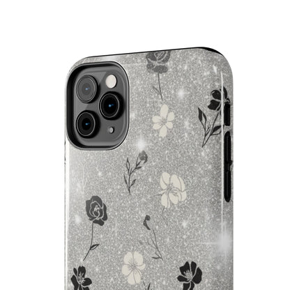 Floral Glitter Tough Phone Case — Black & Silver Vintage Flower Protective Cover
