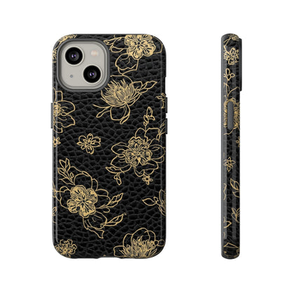 Floral Leather Phone Case — Gold Outline Flowers on Black Tough Case