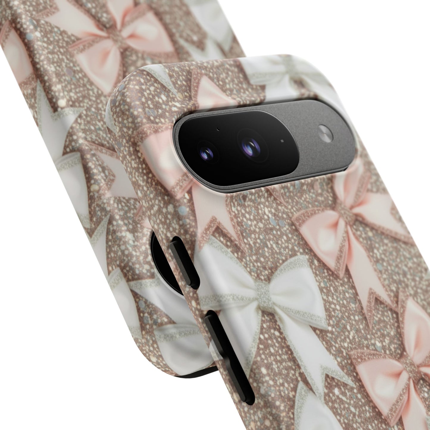 Glitter Bow Tough Phone Case — Pink & White Ribbon Protective Cover