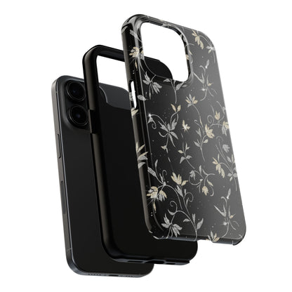 Floral Noir Tough Phone Case — Vintage Black Botanical Protective Cover
