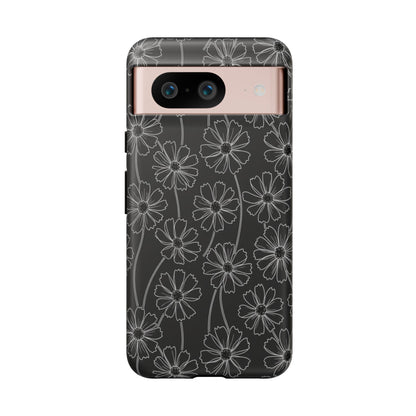 Floral Doodle Tough Phone Case — Black & Gray Daisy Pattern