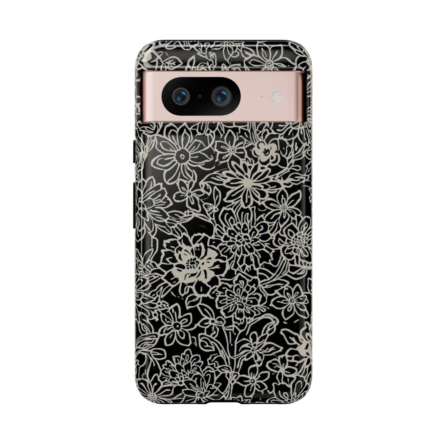 Floral Doodle Tough Phone Case — Black & White Sketch Flower Protective Cover