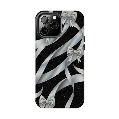 Silver Ribbon Bow Tough Phone Case — Glitter Black Protective Phone Case