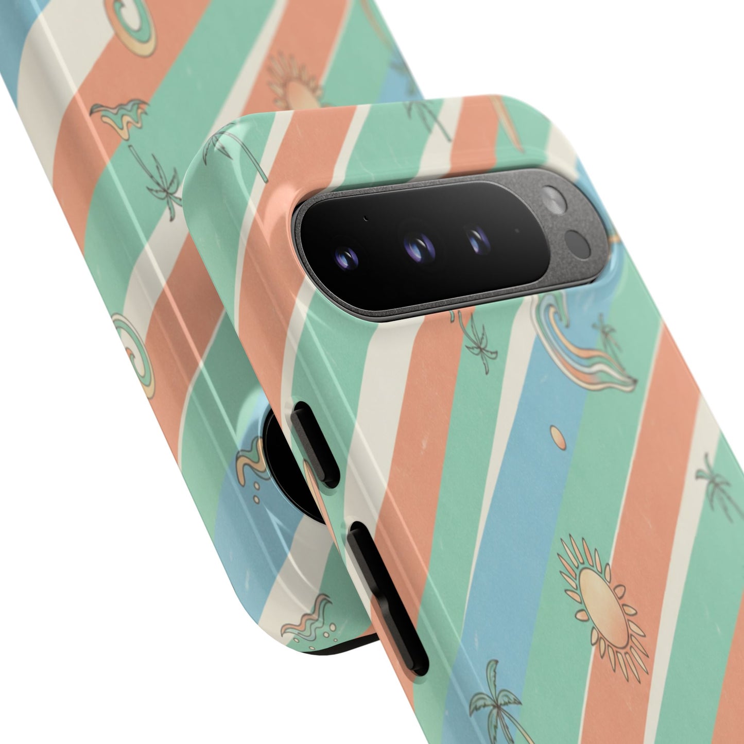 Retro Beach Stripes Phone Case — Sun, Waves & Palm Pattern Tough Case