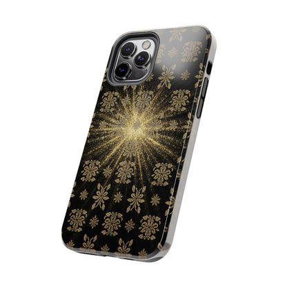 Glitter Burst Tough Phone Case — Black & Gold Floral Protective Cover