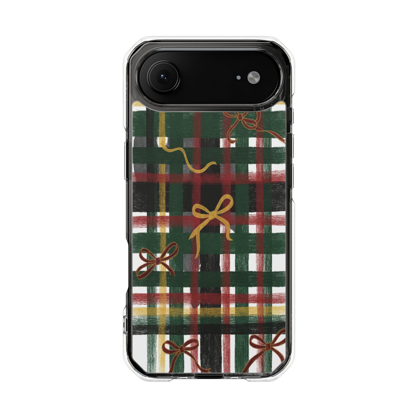 Phone Case - Festive Plaid with Gold Bows Clear Magnetic Impact Case