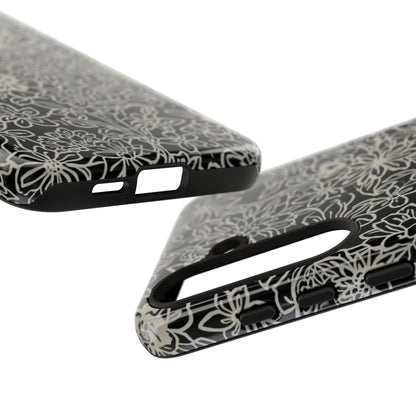 Floral Doodle Tough Phone Case — Black & White Sketch Flower Protective Cover