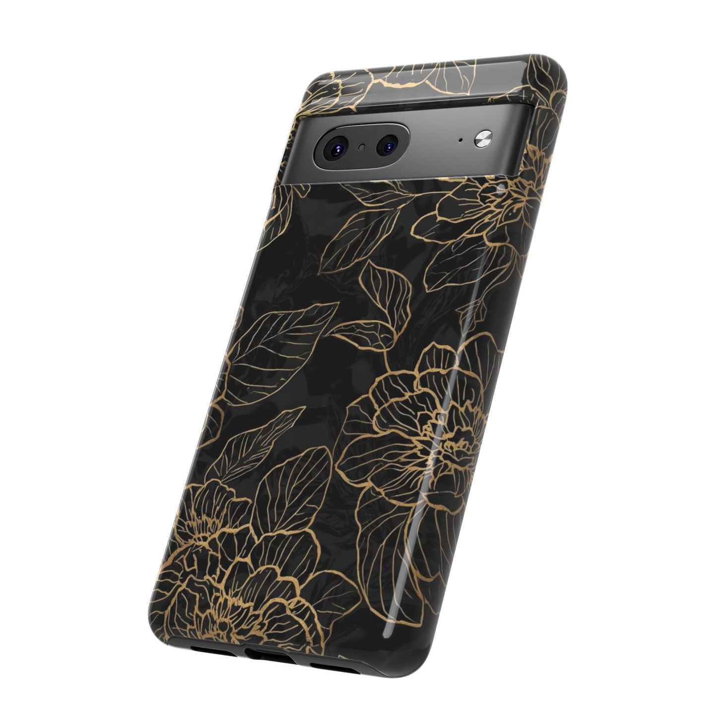 Floral Gold Outline Tough Phone Case – Black Botanical Protective Cover