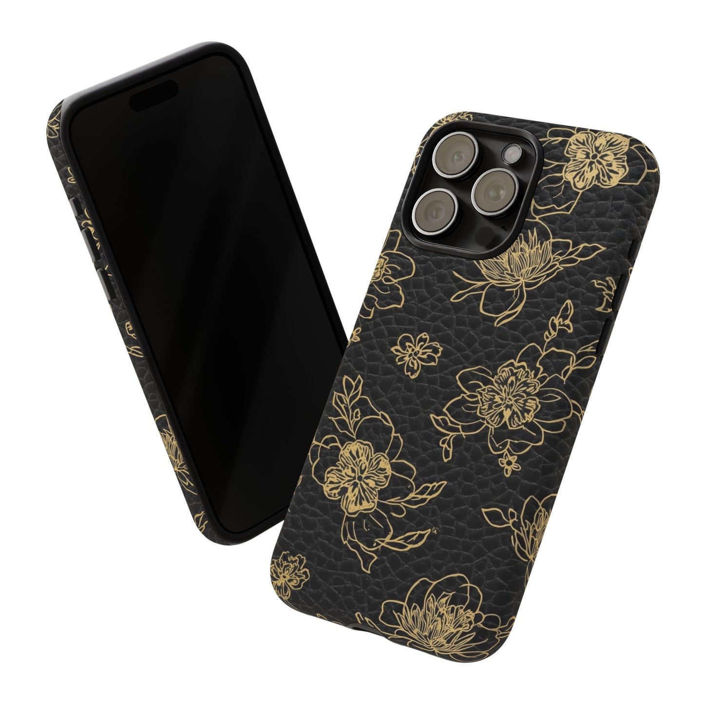 Floral Leather Phone Case — Gold Outline Flowers on Black Tough Case