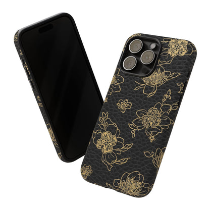 Floral Leather Phone Case — Gold Outline Flowers on Black Tough Case