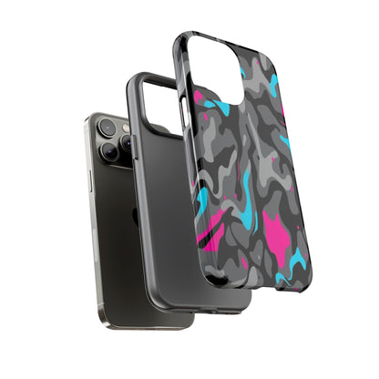 Camouflage Phone Case — Gray Camo with Neon Pink & Cyan Accent Tough Protective Cover