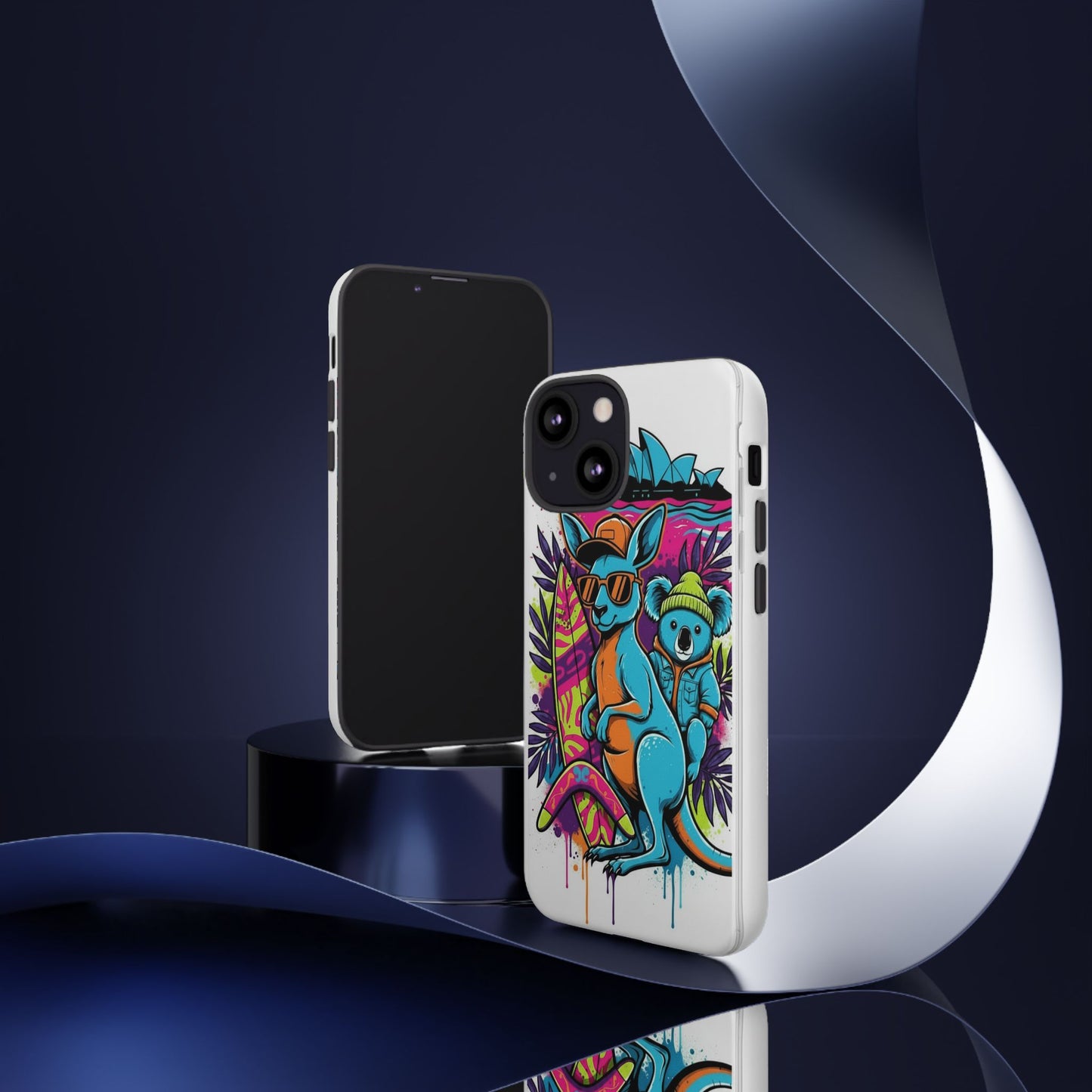 Kangaroo & Koala Surf Phone Case — Retro Neon Beach Art Tough Case