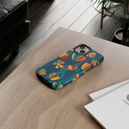 Floral Retro Teal Tough Phone Case — Vibrant Orange & Mustard Blooms