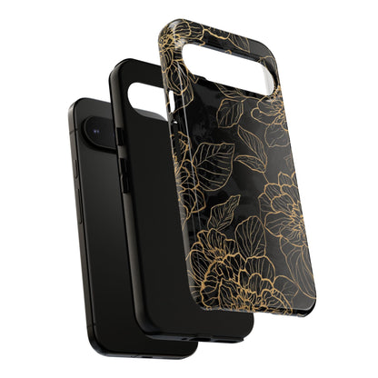 Floral Gold Outline Tough Phone Case – Black Botanical Protective Cover