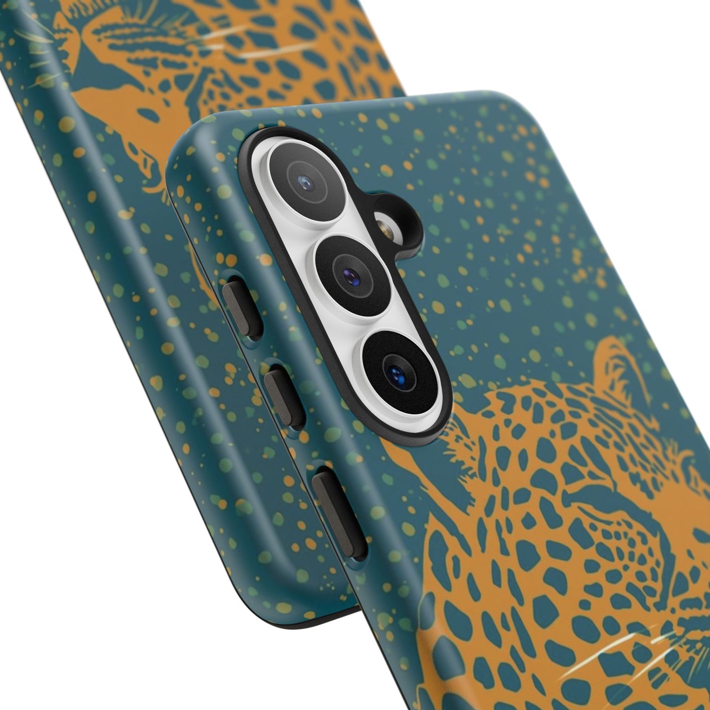 Leopard Print Tough Phone Case — Gold Panther on Teal, Protective iPhone Cover