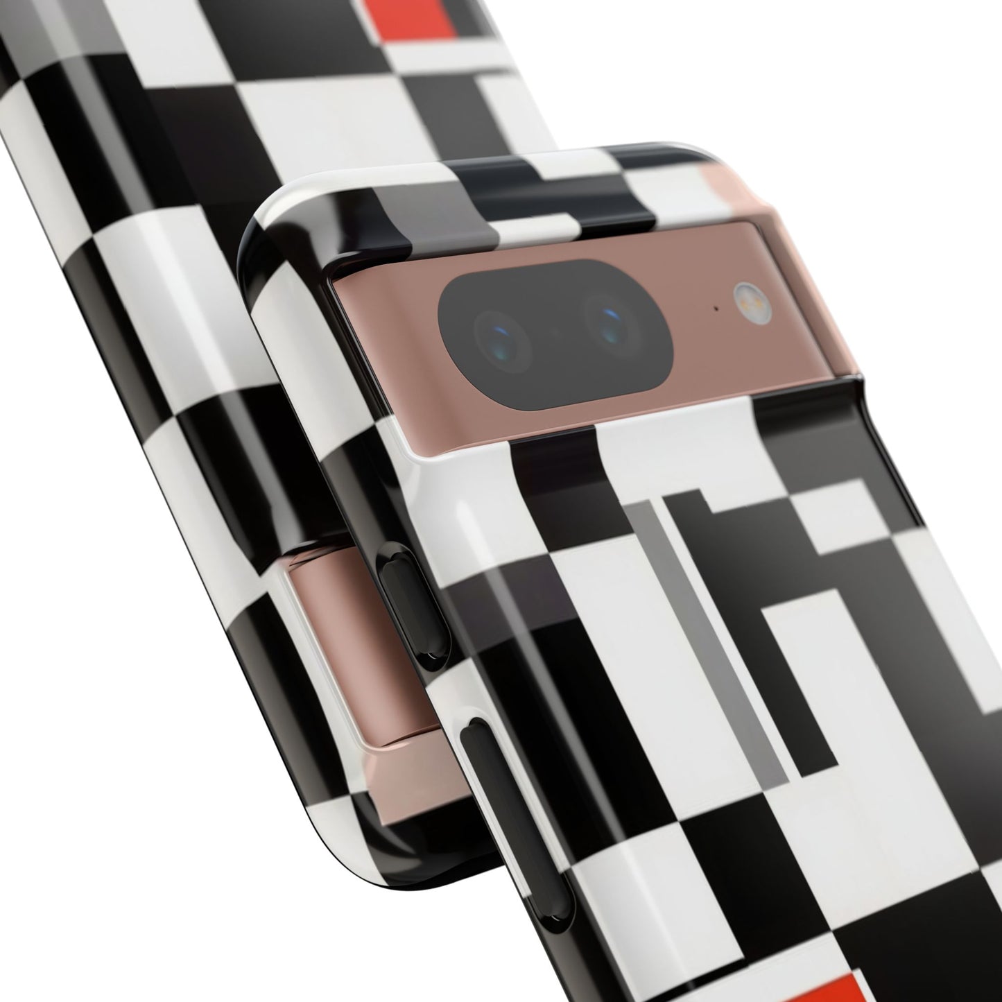 Abstract Geometric Phone Case – Black & White Checker Grid with Red Accent