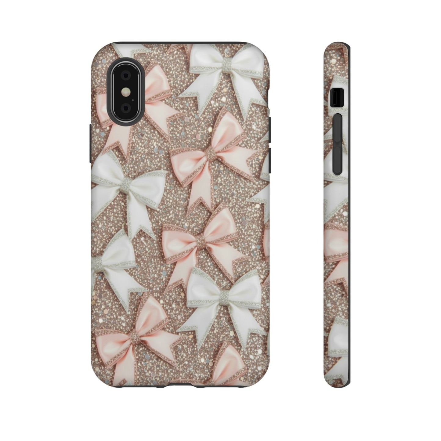 Glitter Bow Tough Phone Case — Pink & White Ribbon Protective Cover