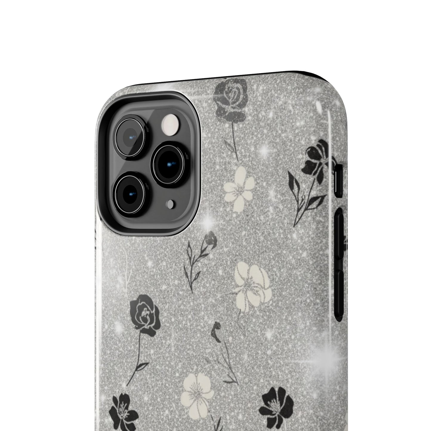 Floral Glitter Tough Phone Case — Black & Silver Vintage Flower Protective Cover