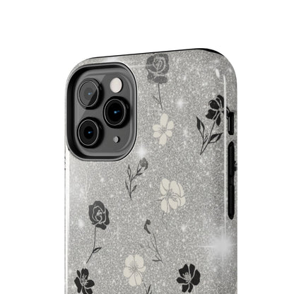 Floral Glitter Tough Phone Case — Black & Silver Vintage Flower Protective Cover