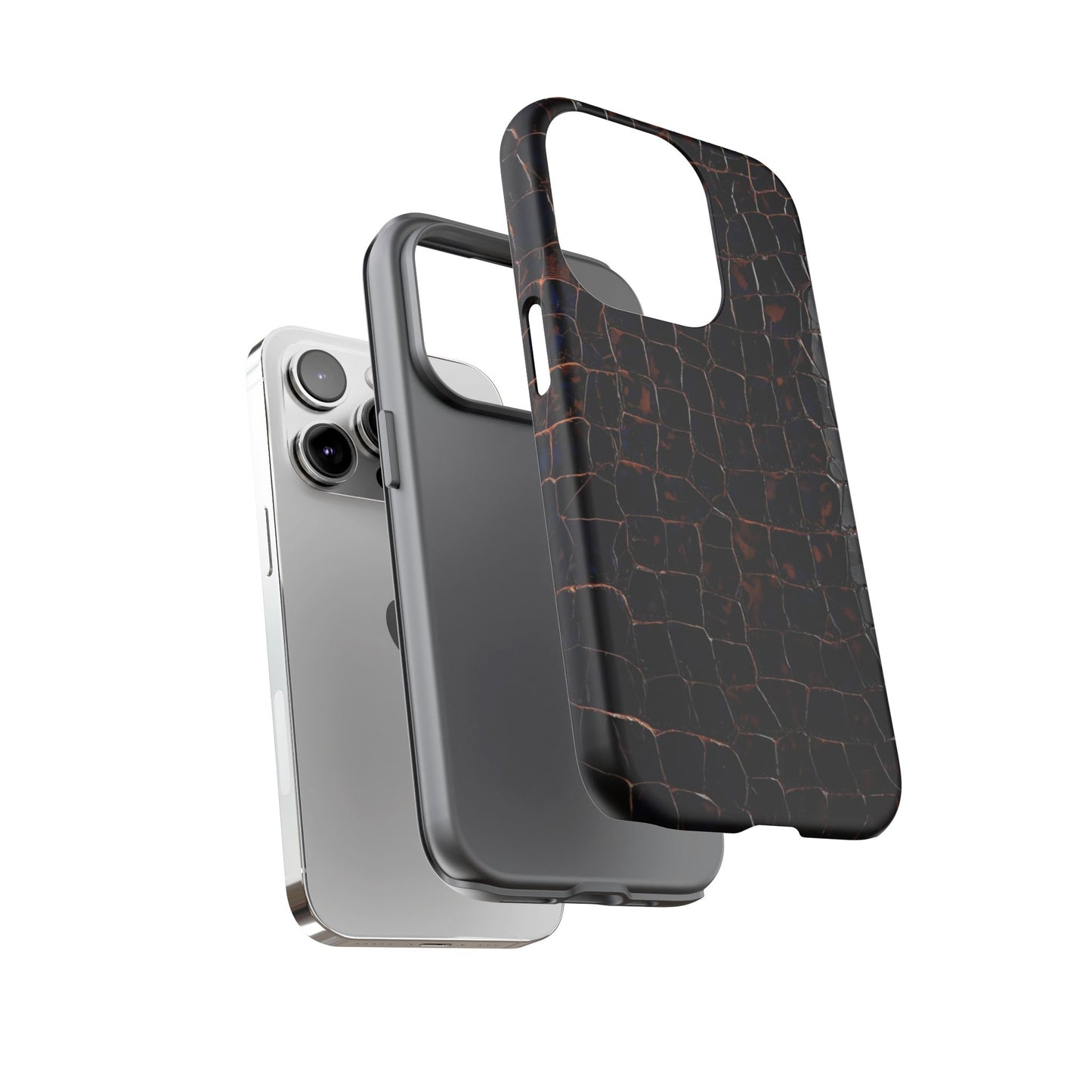 Croc-Embossed Tough Phone Case — Shockproof Black Alligator Texture