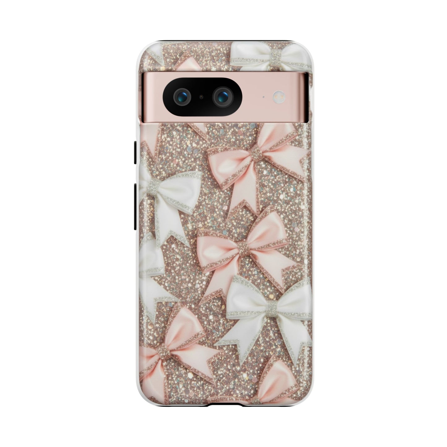 Glitter Bow Tough Phone Case — Pink & White Ribbon Protective Cover