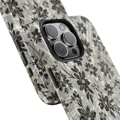 Floral Vintage Tough Phone Case — Black & Gray Rustic Flower Protective Case