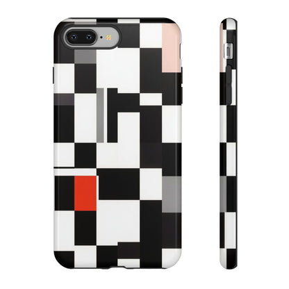Abstract Geometric Phone Case – Black & White Checker Grid with Red Accent