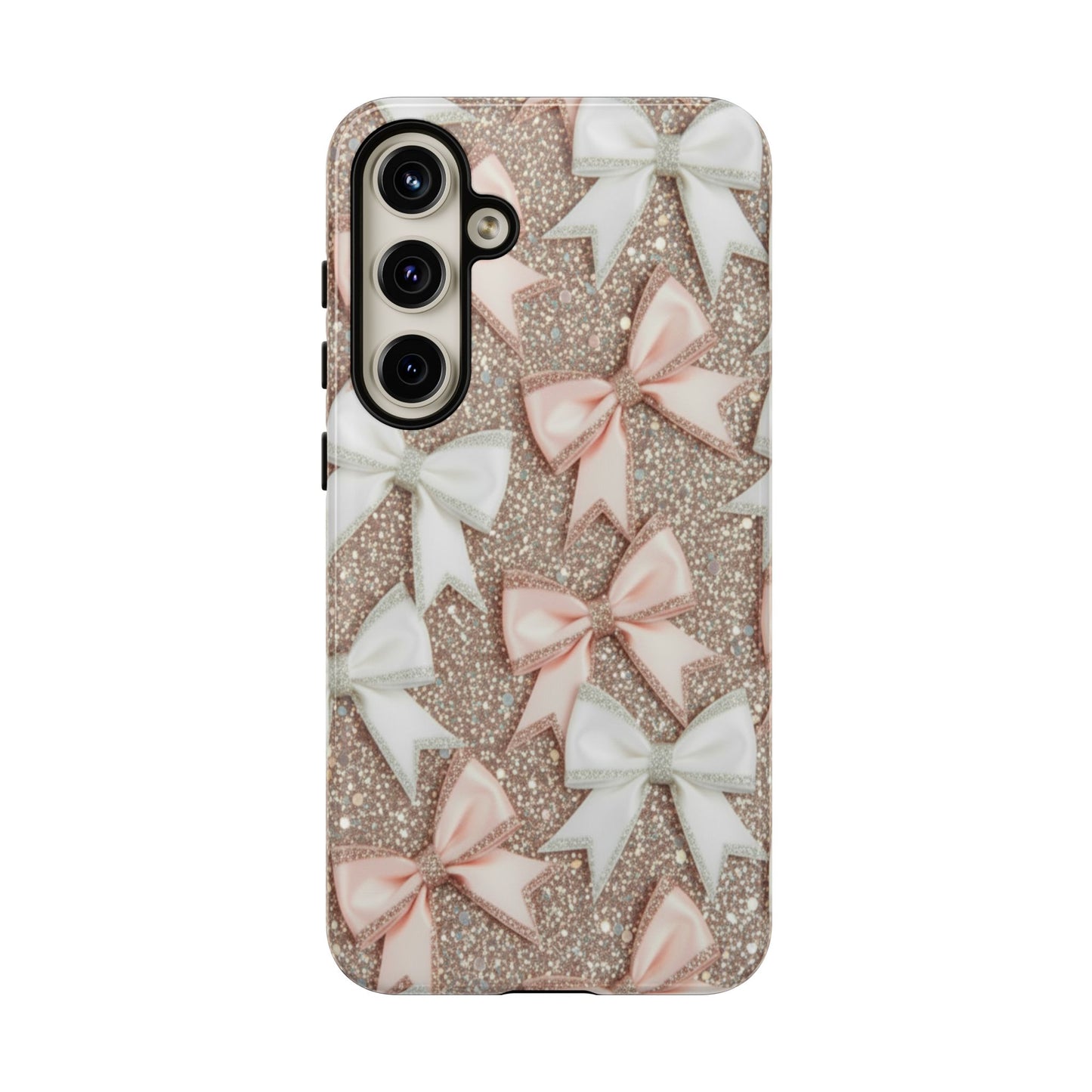 Glitter Bow Tough Phone Case — Pink & White Ribbon Protective Cover