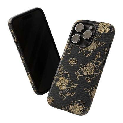 Floral Leather Phone Case — Gold Outline Flowers on Black Tough Case