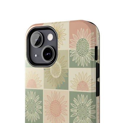 Sunflower Check iPhone Tough Phone Case — Retro Pastel Floral Protective Cover