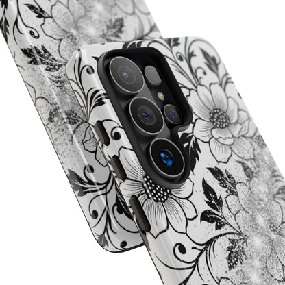 Floral Lace Phone Case — Black & White Vintage Flower Protective Case