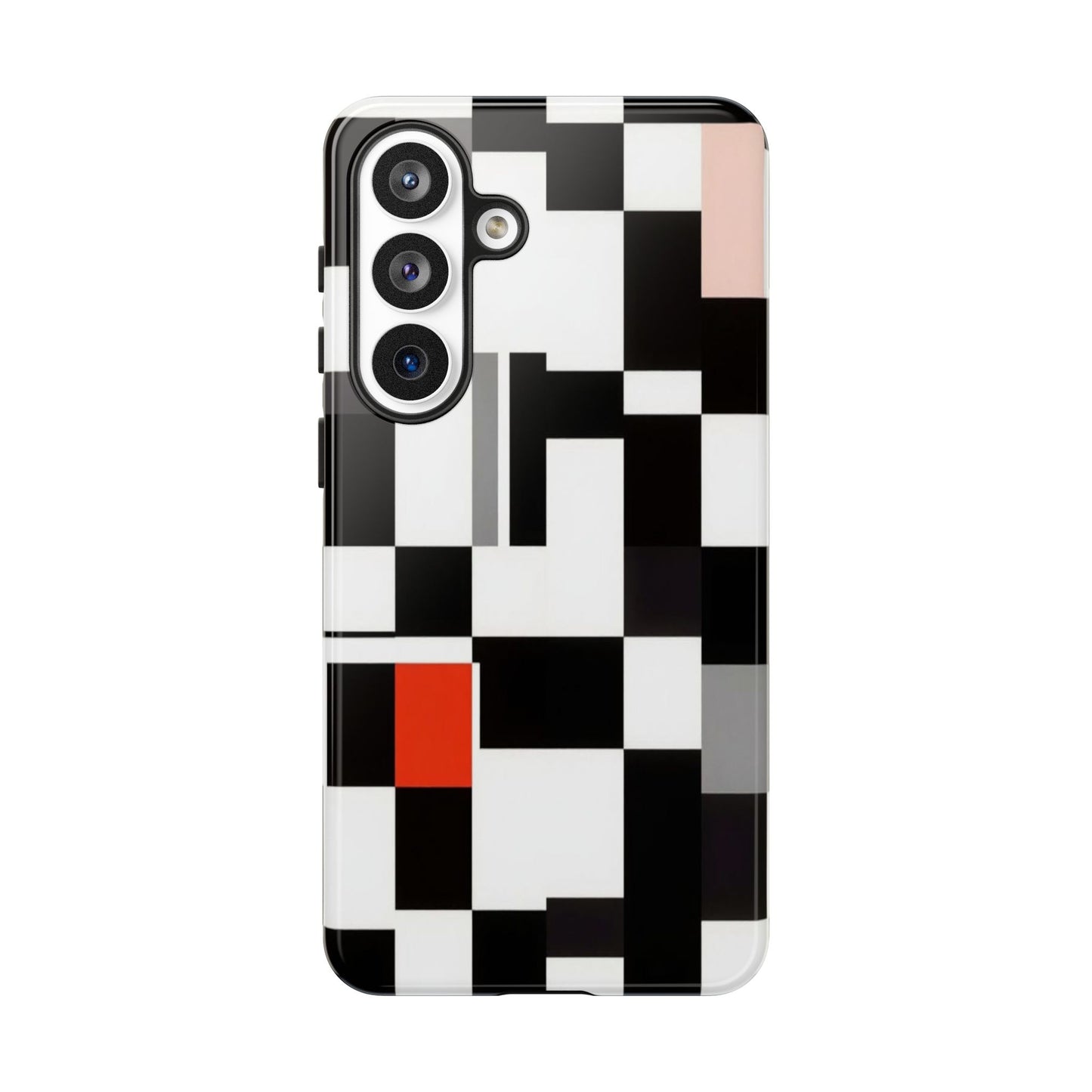Abstract Geometric Phone Case – Black & White Checker Grid with Red Accent