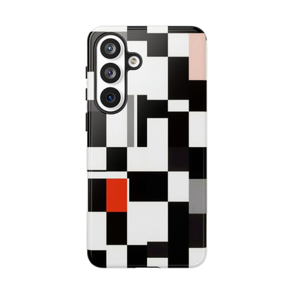 Abstract Geometric Phone Case – Black & White Checker Grid with Red Accent