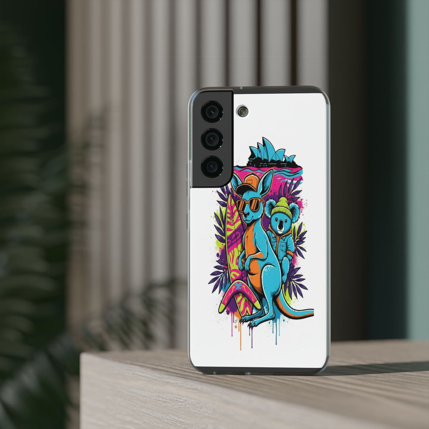 Kangaroo & Koala Surf Phone Case — Neon Aussie Beach Vibes Flexible Case