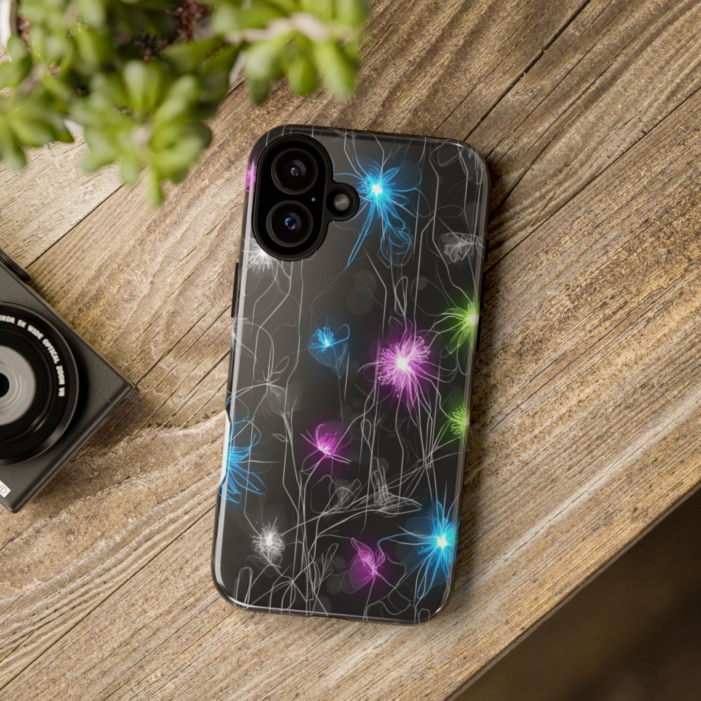 Neon Floral Tough Phone Case — Glow Flower Protective iPhone Cover