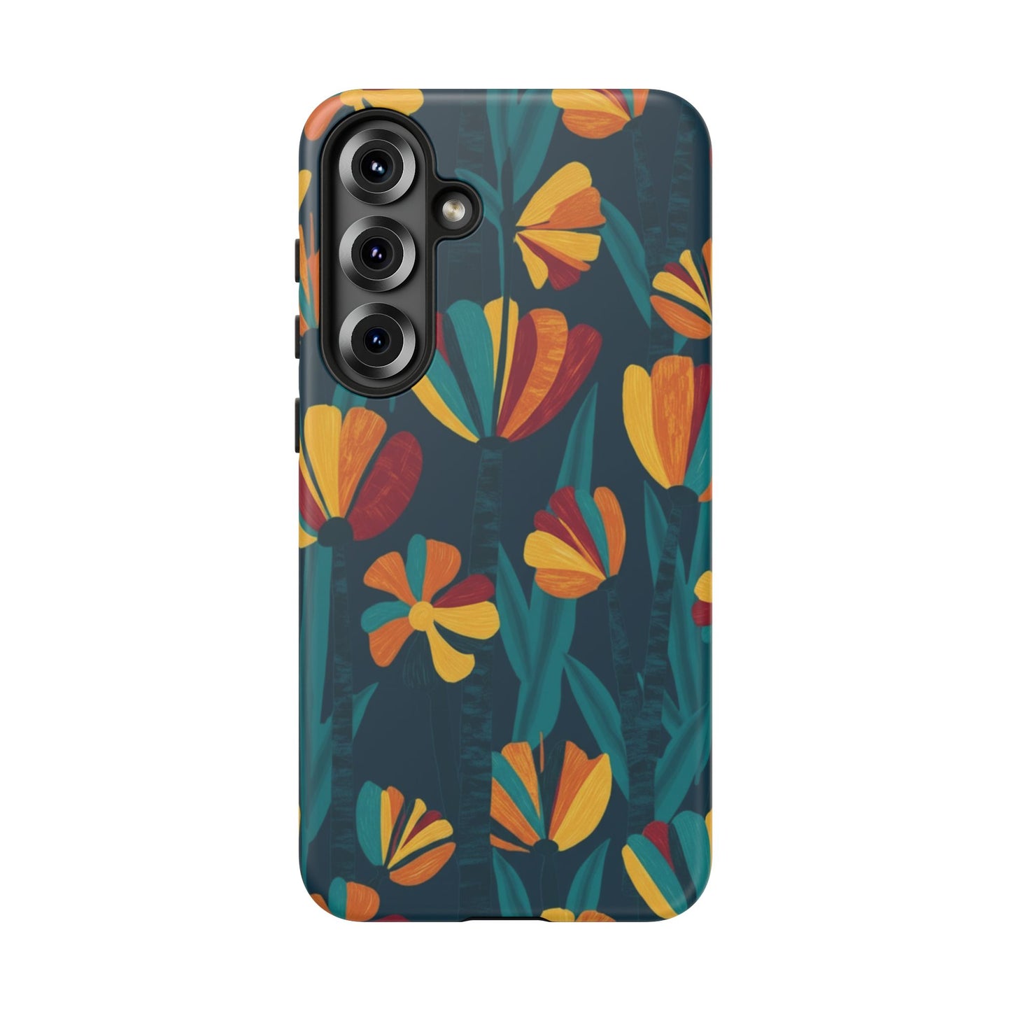 Floral Retro Teal Tough Phone Case — Vibrant Orange & Mustard Blooms