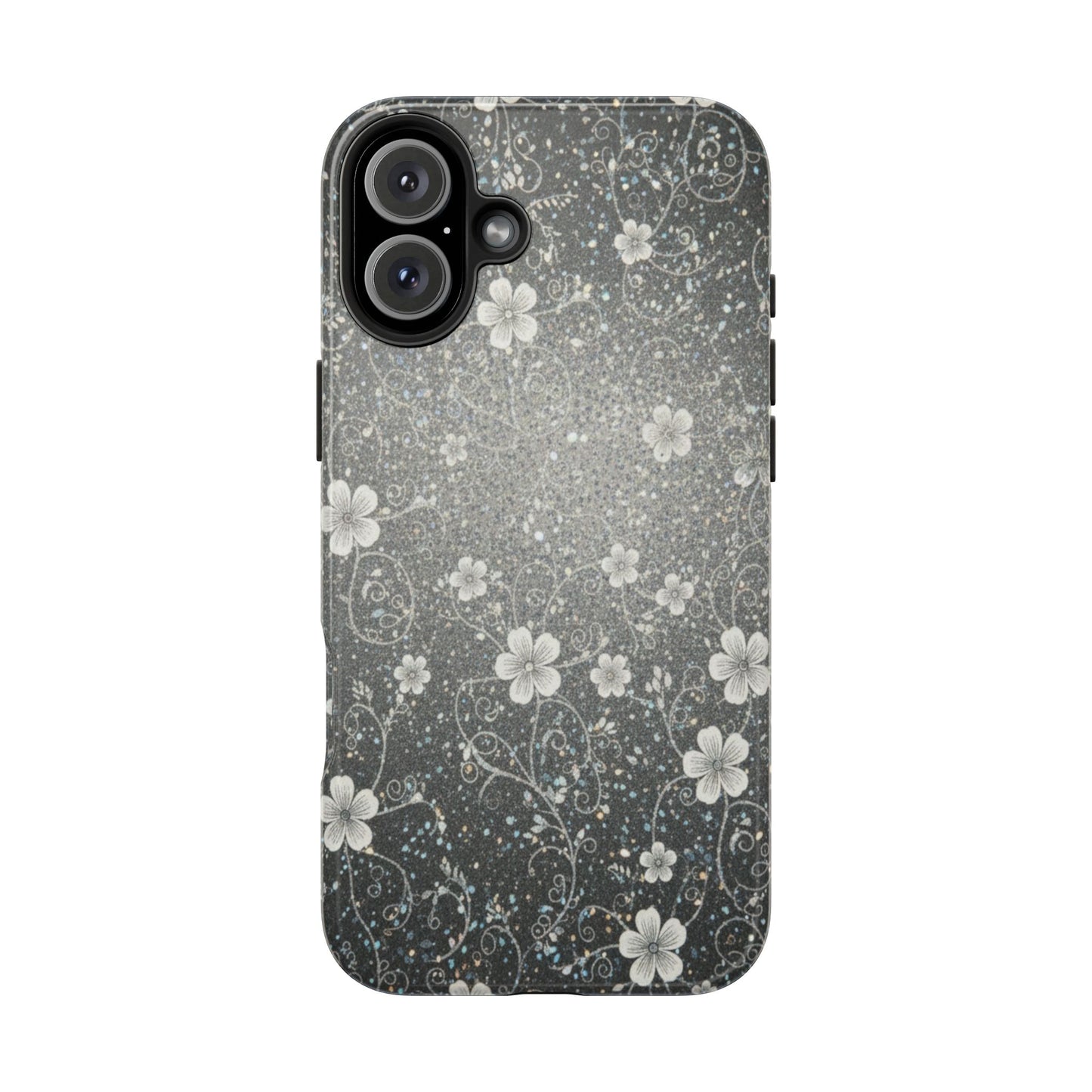 Floral Sparkle Tough Phone Case — Black & Silver Vintage Blossom