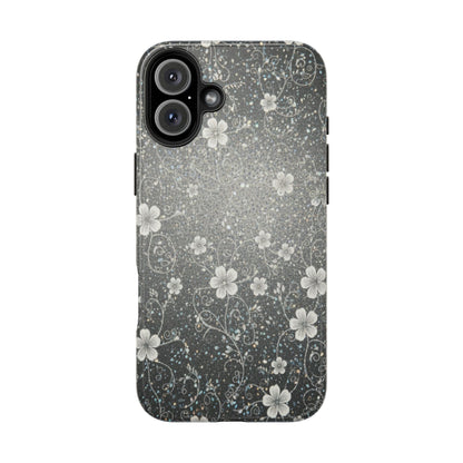 Floral Sparkle Tough Phone Case — Black & Silver Vintage Blossom
