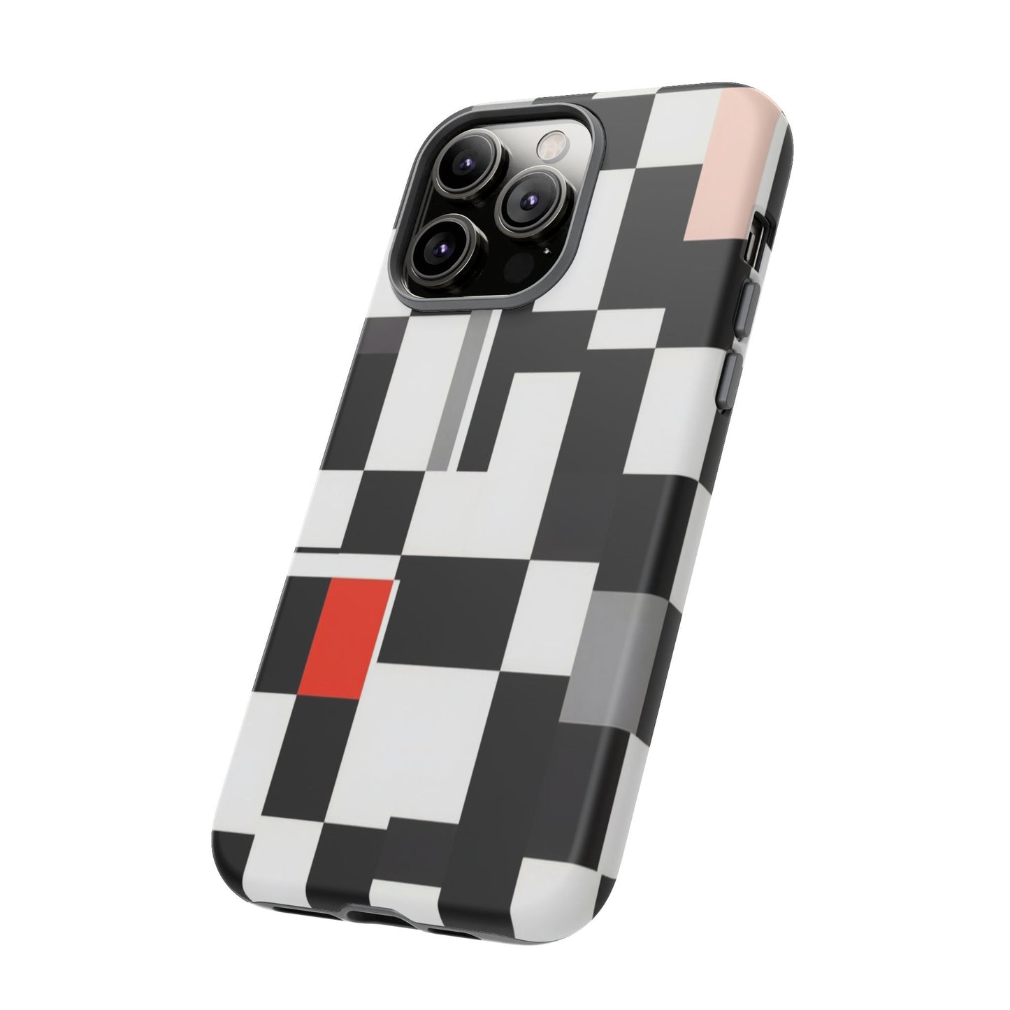 Abstract Geometric Phone Case – Black & White Checker Grid with Red Accent