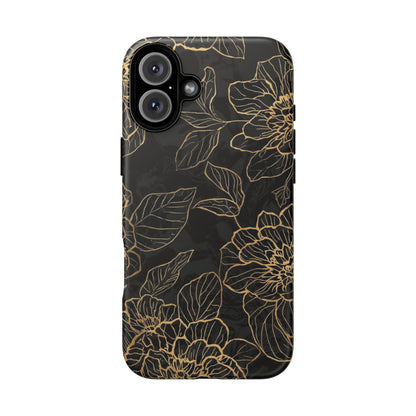 Floral Gold Outline Tough Phone Case – Black Botanical Protective Cover