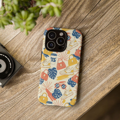 Tough Cases: Retro Summer Pattern Phone Case – Sunglasses, Sneakers & Tropical Leaves