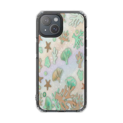 Clear Magnetic Phone Case — Iridescent Ocean Shells & Coral Design