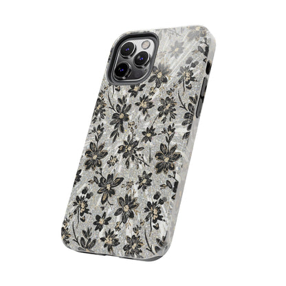 Floral Vintage Tough Phone Case — Black & Gray Rustic Flower Protective Case