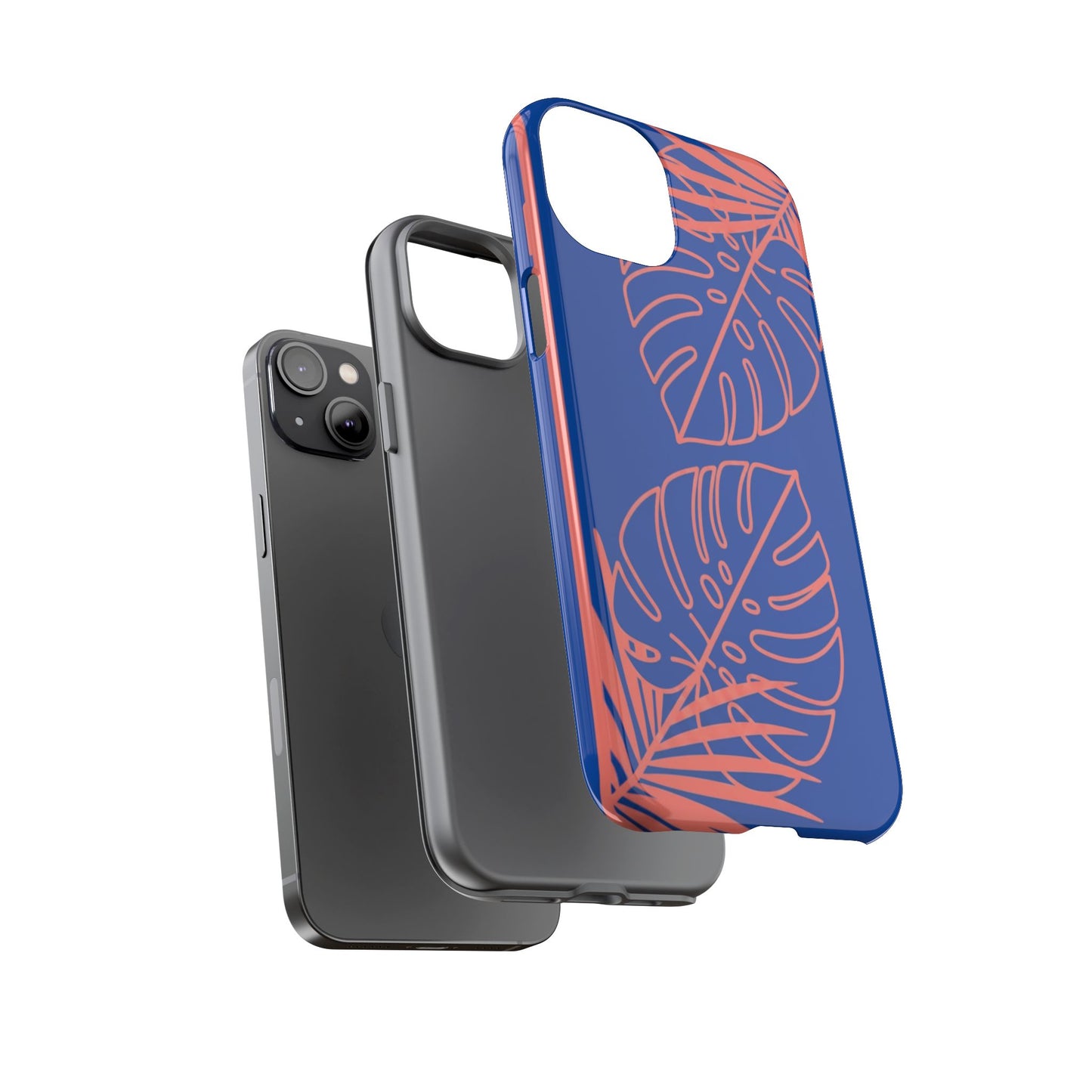 Tropical Monstera Phone Case — Blue & Coral Leaf Protective Cover