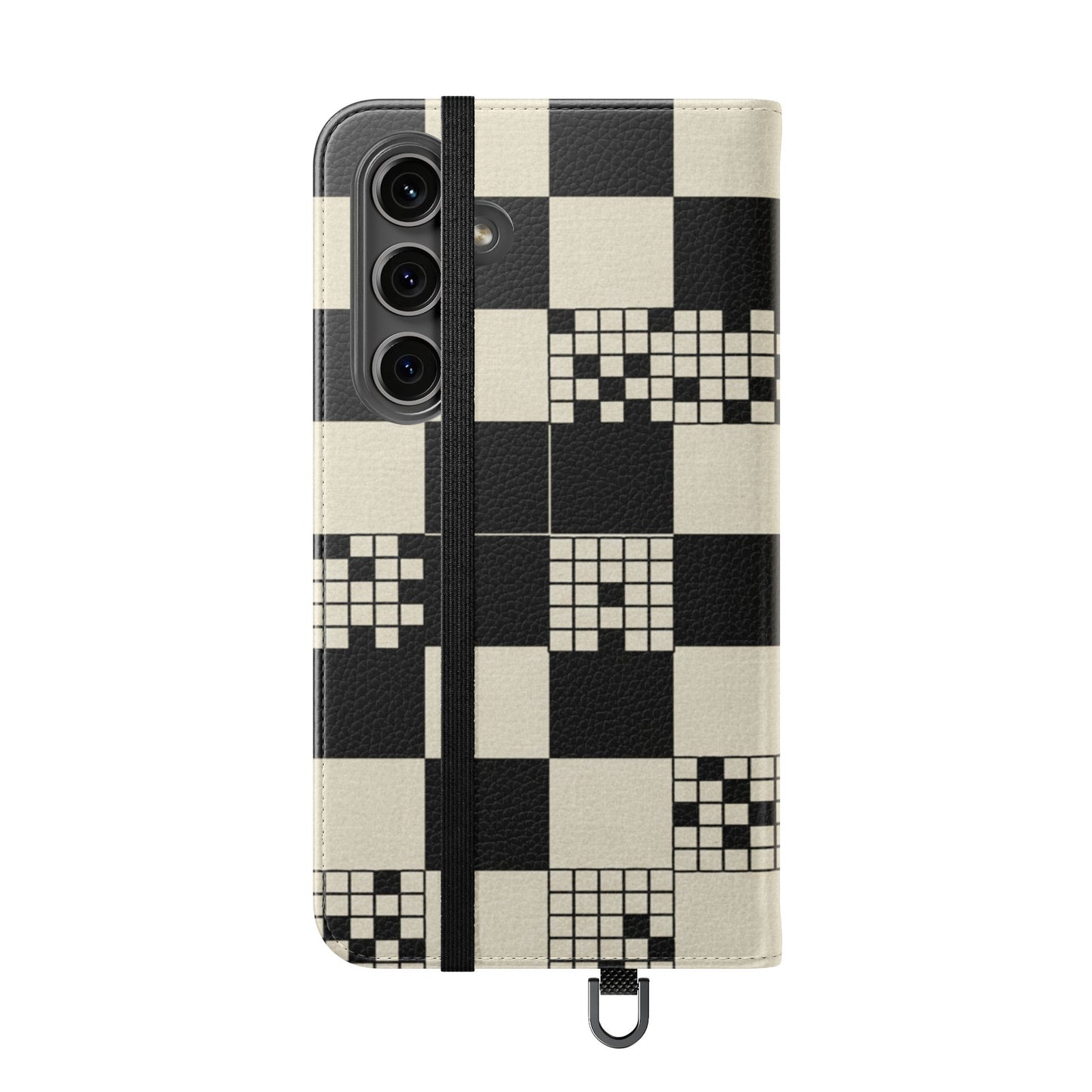 Checkerboard Flip Phone Case – Retro Black & Cream Geometric Wallet Case